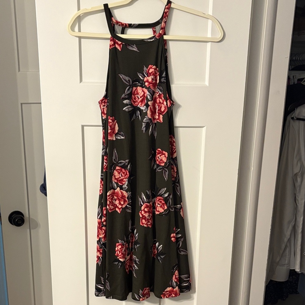 Floral Sleeveless Dress - green and pink/red